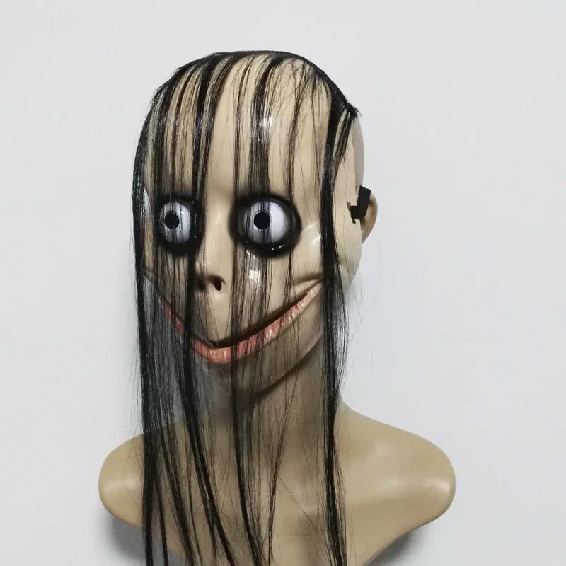 Masque d'horreur d'Halloween de haute qualité avec cheveux longs, masque drôle en forme de V avec cheveux, masque fantôme féminin, accessoires de jeu de rôle