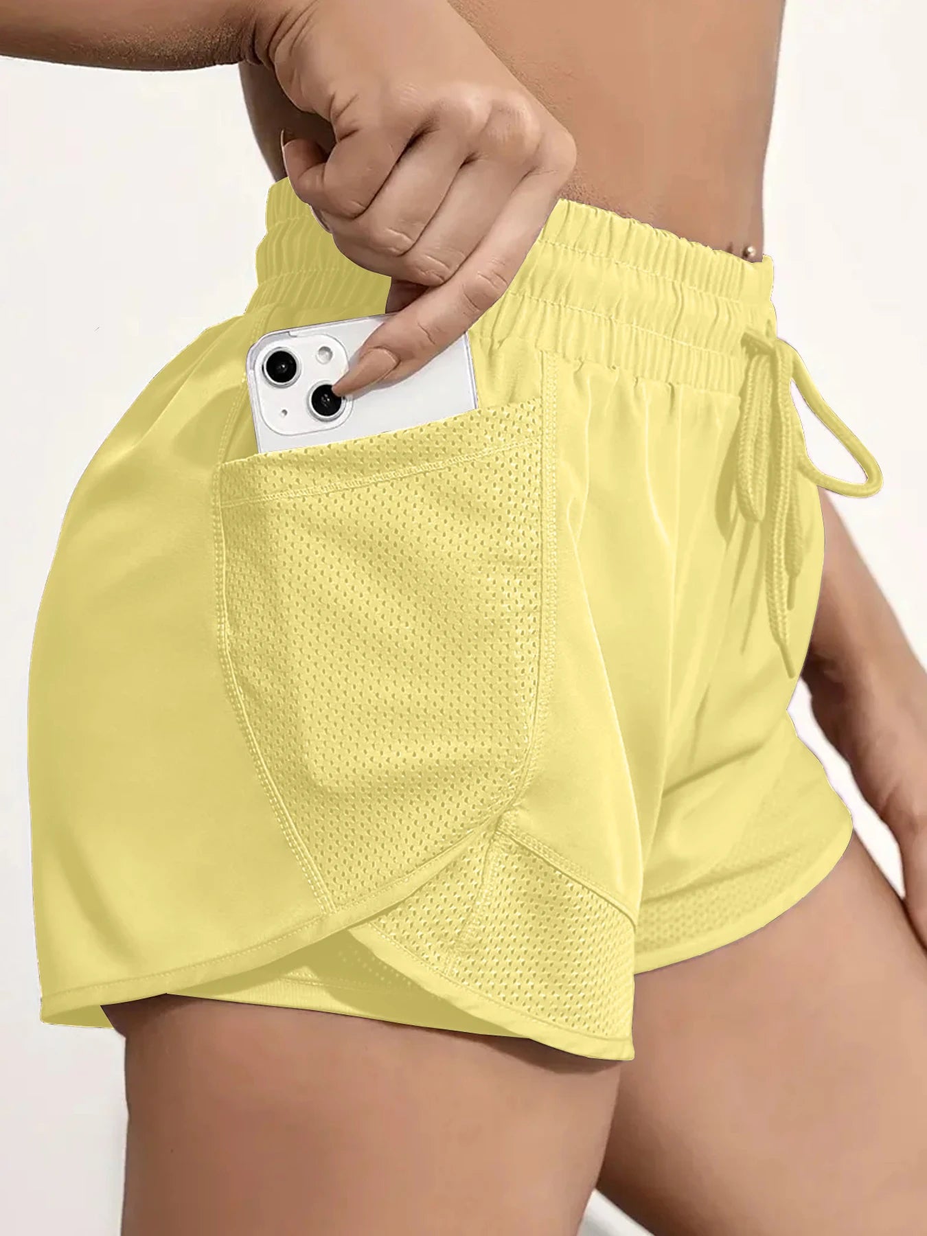 Short de sport élastique pour femme, short avec poches, faux legging de yoga deux pièces pour la course et l'entraînement