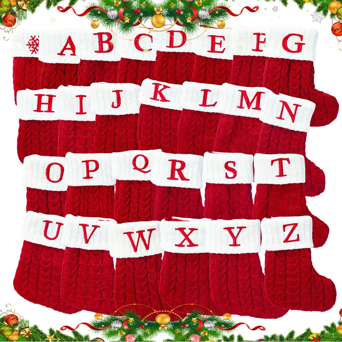 Chaussettes de Noël tricotées avec flocons de neige et lettres, décoration de Noël 2025 pour la maison, ornement pour sapin de Noël, cadeau pour Noël 2026