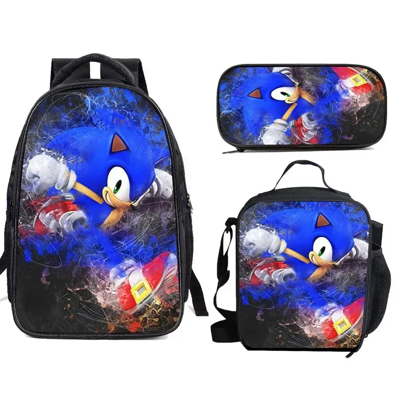 Ensemble de 3 sacs repas dessin animé, sac à déjeuner Sonic, sac à crayons, sac à dos pour élèves du primaire et du collège, sac d'école dessin animé Mochila