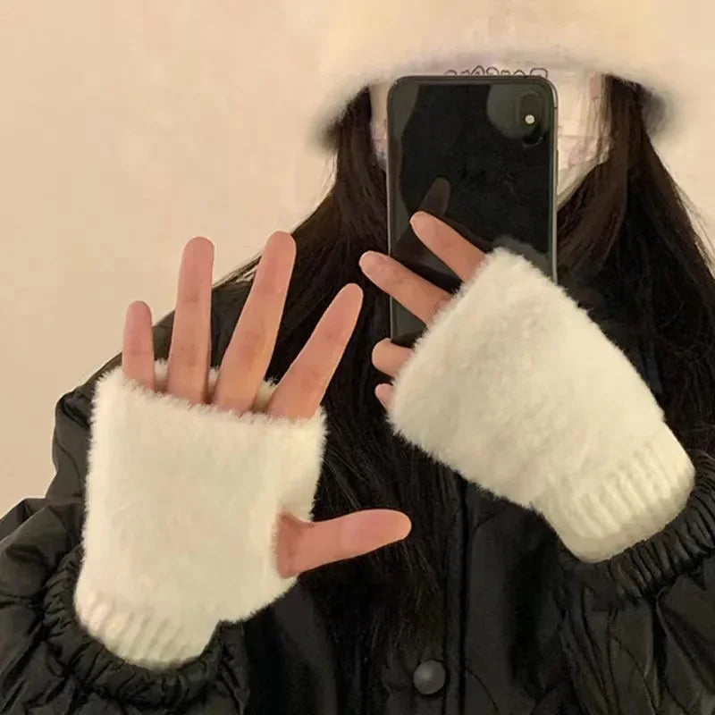 Gants demi-doigts en polaire de vison pour femmes, doux et chauds en hiver, couleur unie luxueuse, tricotés en peluche douce et sans doigts