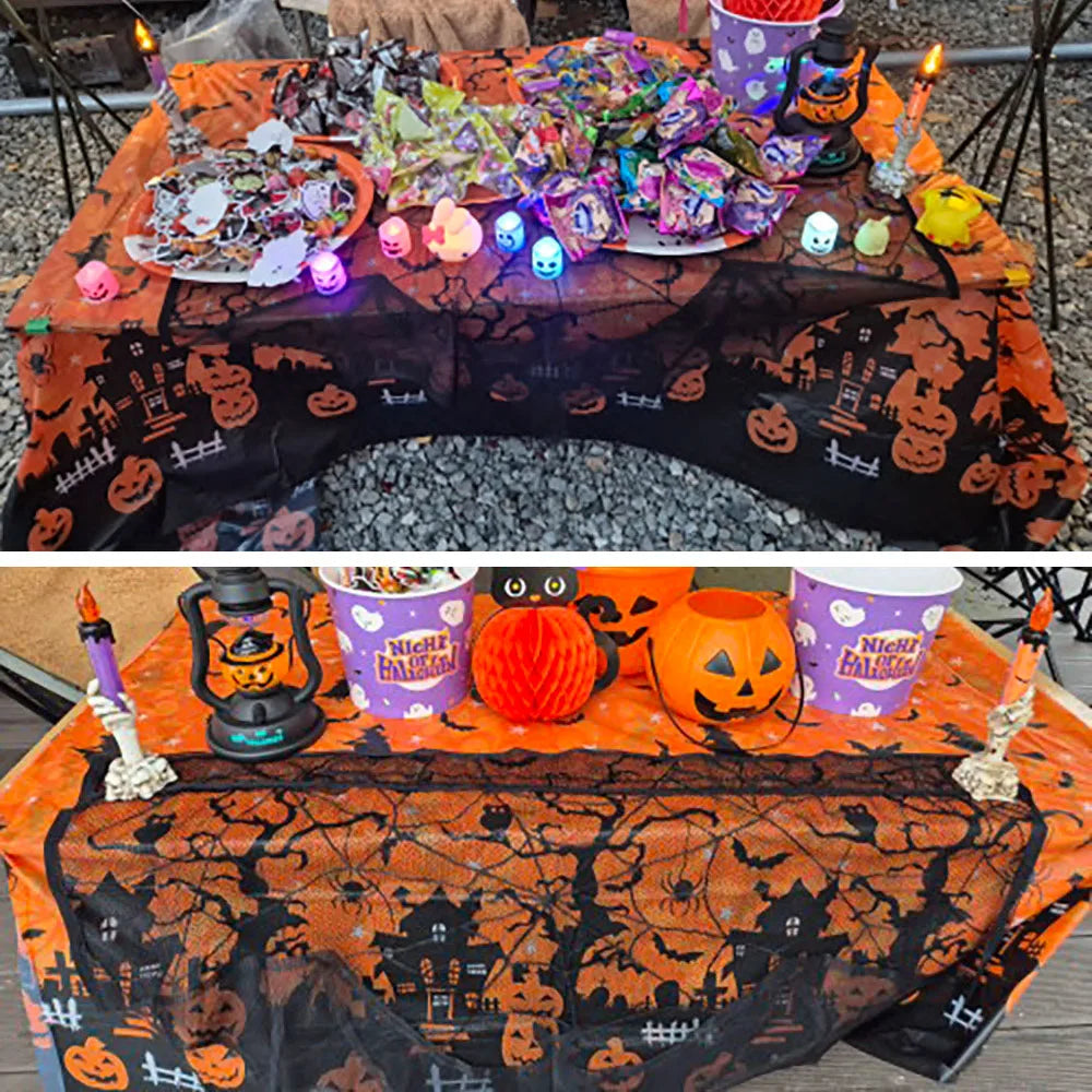 Nappe décorative d'Halloween, nappe jetable en plastique avec motif de citrouille, toile d'araignée et chauve-souris, décoration de table pour la maison