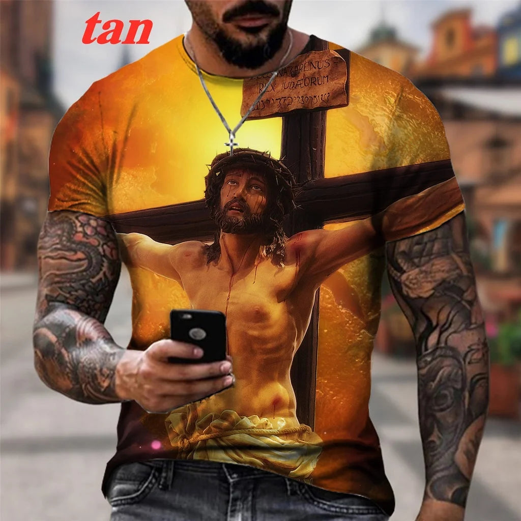 T-shirt à manches courtes pour homme, imprimé en 3D, motif croix et Jésus, nouvelle collection 2025