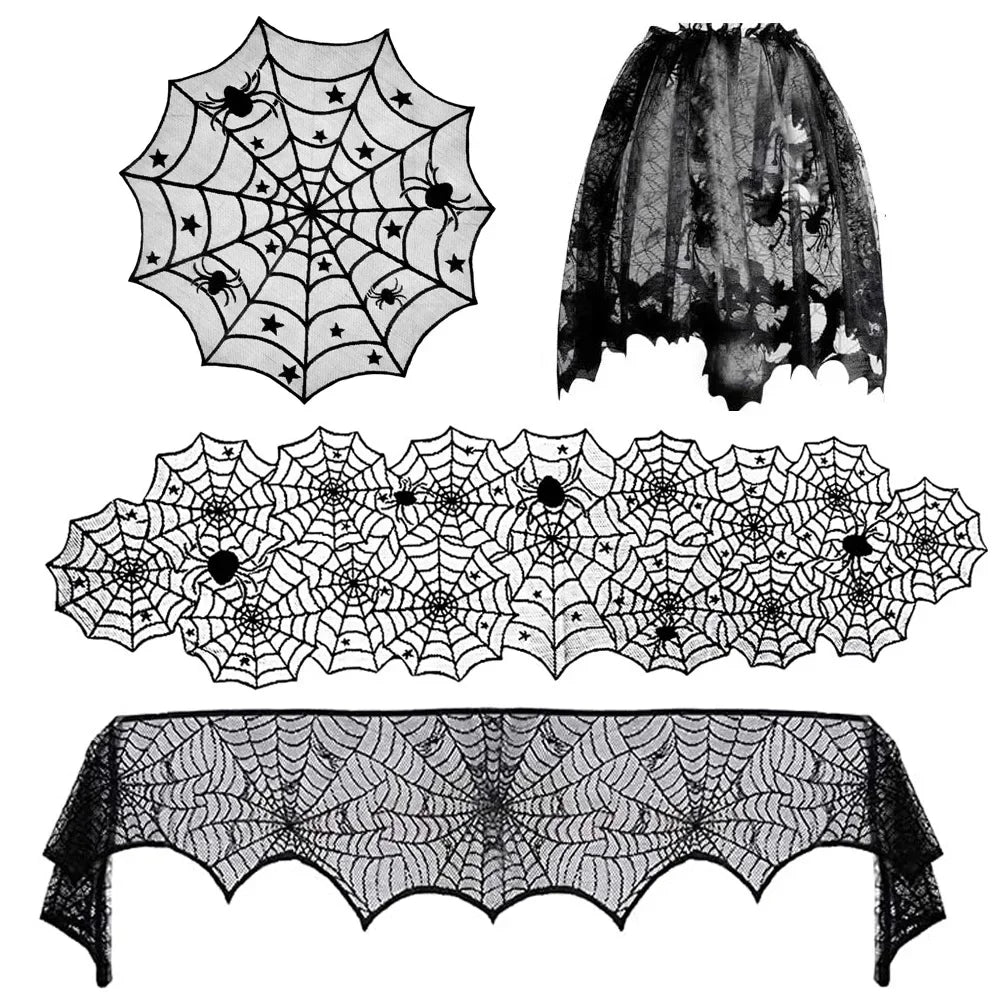 Nappe d'Halloween en dentelle noire avec toile d'araignée et chauve-souris, décoration de table familiale pour fête d'Halloween