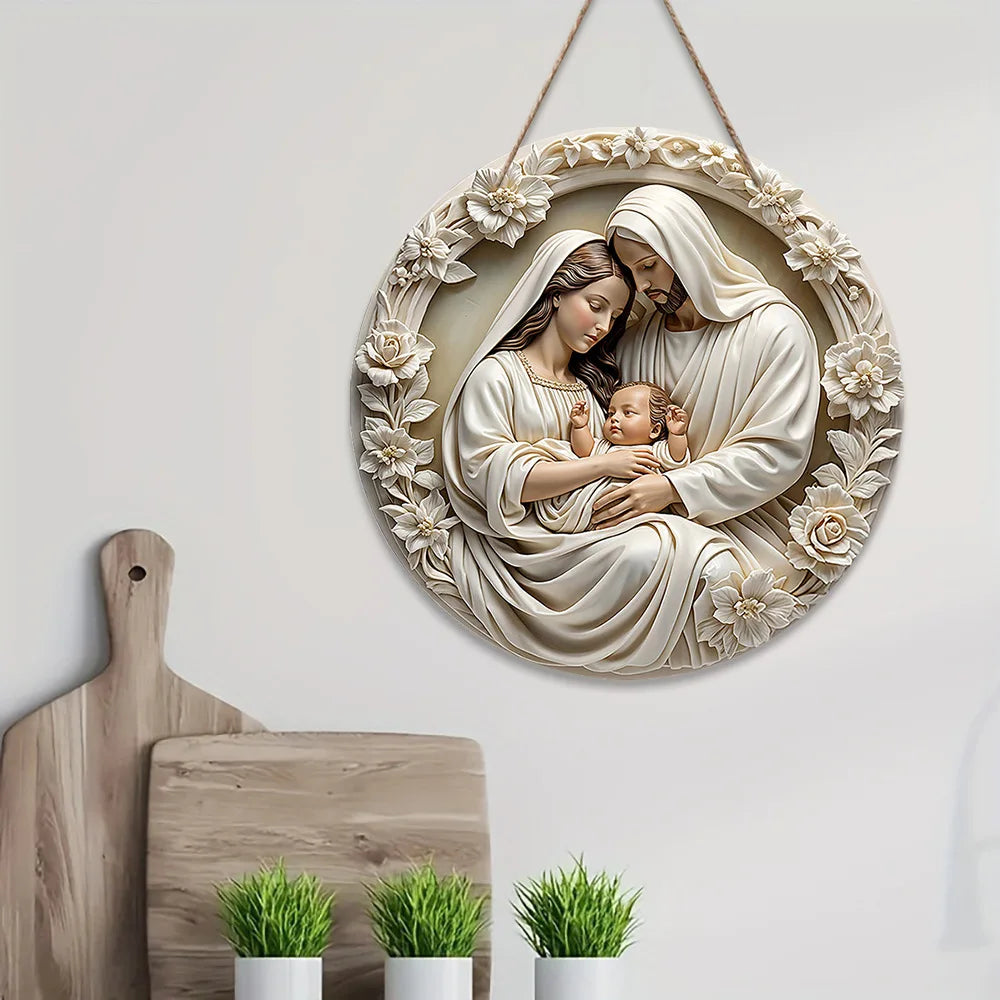 Crèche classique en bois représentant la Sainte Famille (Marie, Jésus et Joseph), décoration murale.