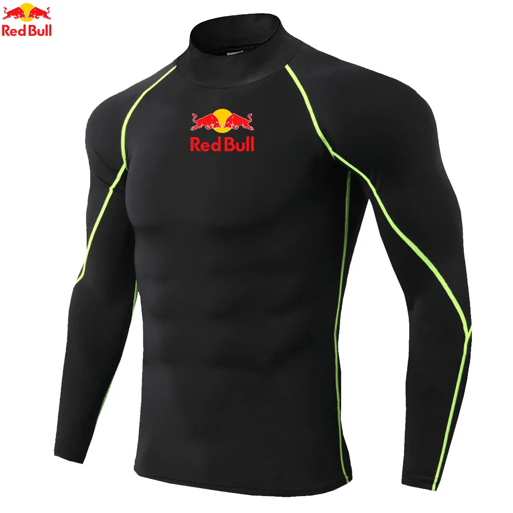T-shirts de sport pour hommes, entraînement, exercice, compression, fitness, manches longues, sport, Red Bull, séchage rapide, serré, vêtements de sport