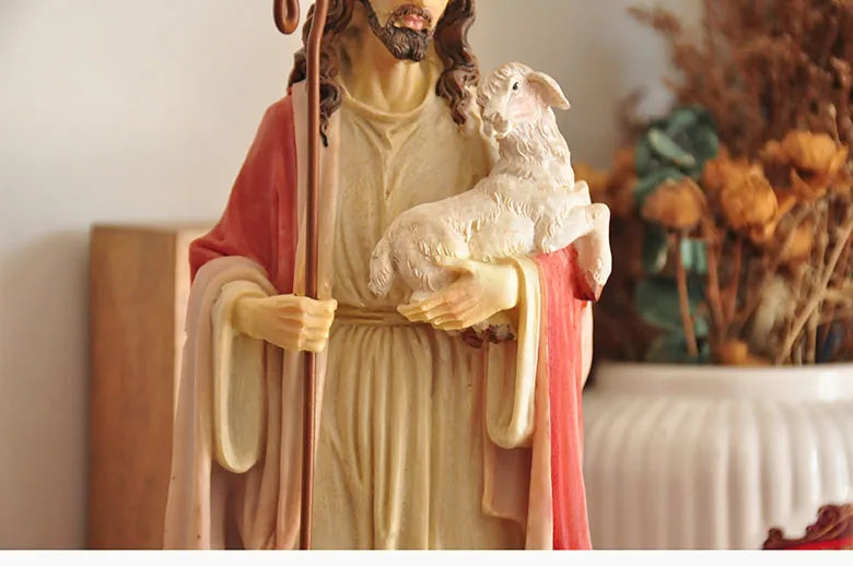 Figurine du Saint-Père Jésus, récits bibliques catholiques tenant un mouton, ornement pour la décoration de la maison ou du bureau, statue de croyance religieuse
