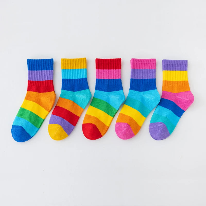 Lot de 5 paires de chaussettes arc-en-ciel pour fille, en coton, confortables, respirantes et douces