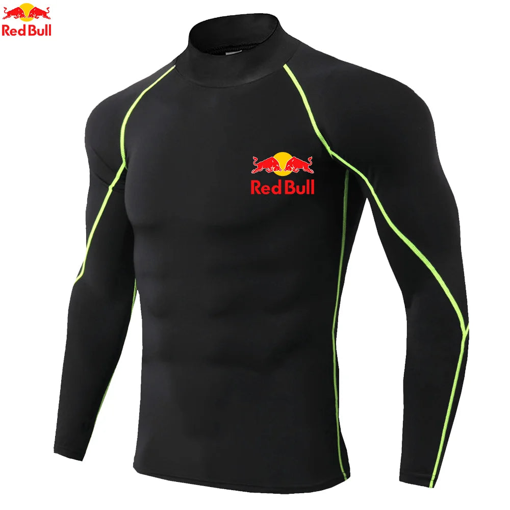 T-shirts de sport pour hommes, entraînement, exercice, compression, fitness, manches longues, sport, Red Bull, séchage rapide, serré, vêtements de sport