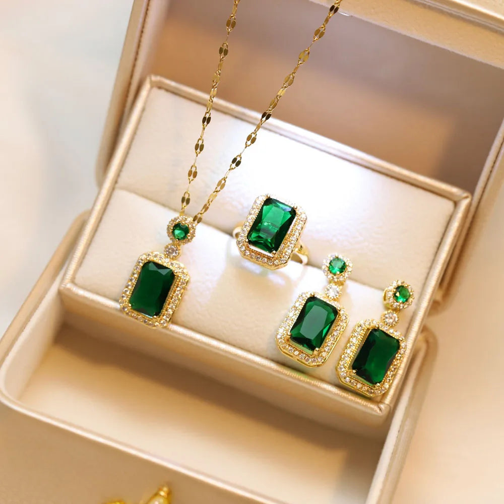 Ensemble de 4 pièces exquis collier, boucles d'oreilles, bague, bijoux à breloques pour femmes, cadeaux de mariée tendance
