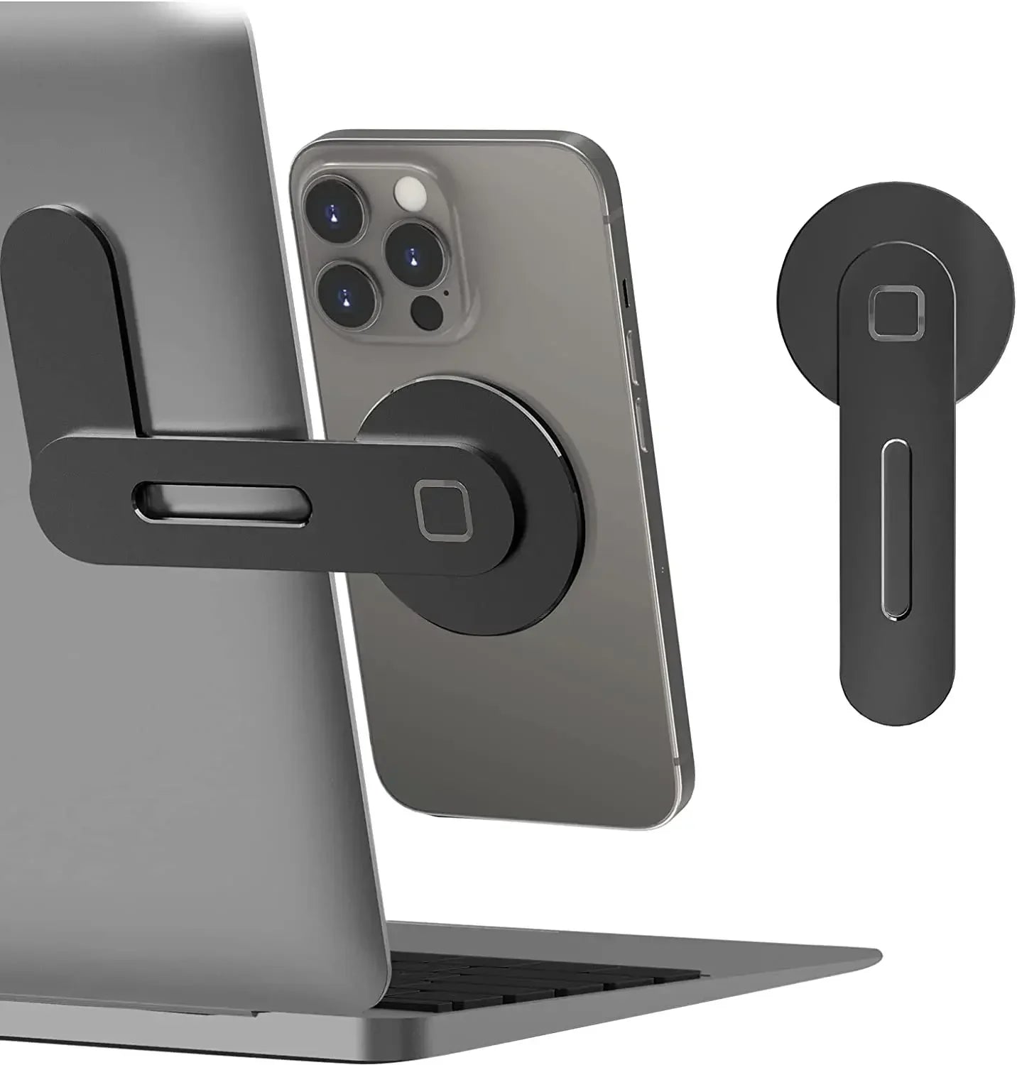Support magnétique pour ordinateur portable et téléphone (2024) : fixation latérale, fin et pliable, compatible avec les iPhone 14, 13 et 12, et tous les autres modèles de téléphone.