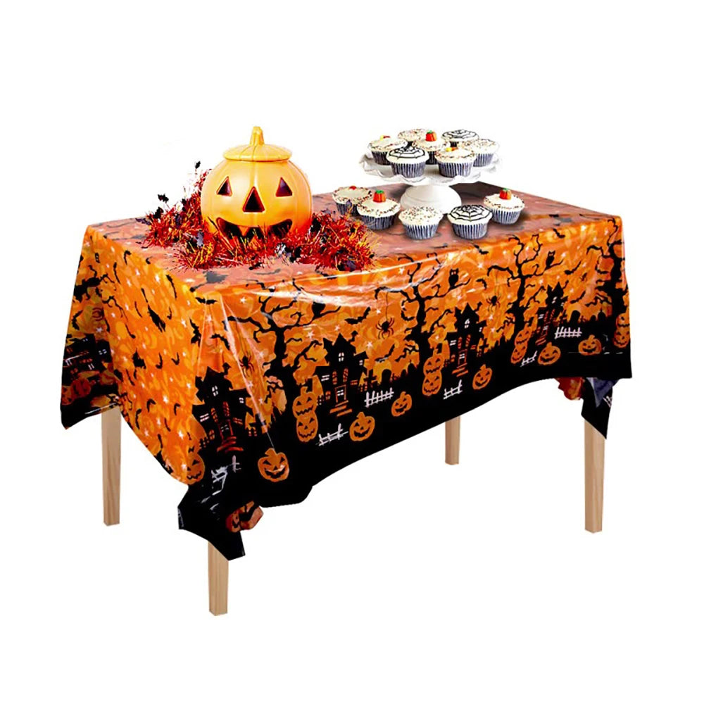 Nappe décorative d'Halloween, nappe jetable en plastique avec motif de citrouille, toile d'araignée et chauve-souris, décoration de table pour la maison