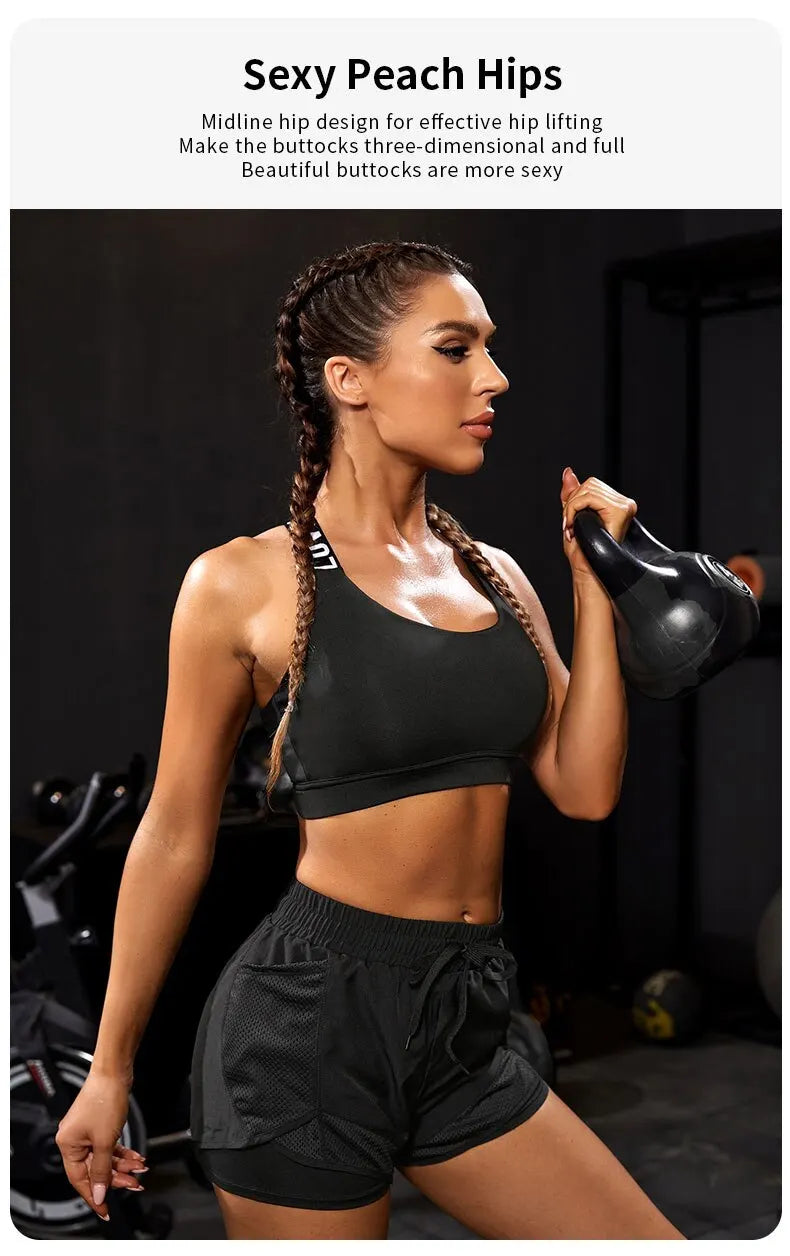 Short de sport élastique pour femme, short avec poches, faux legging de yoga deux pièces pour la course et l'entraînement