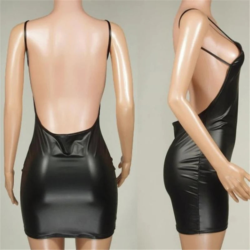 Robe courte sexy en similicuir dos nu, idéale pour les soirées en boîte. Robe moulante noire effet mouillé en latex, soutien-gorge push-up, mini-robe.