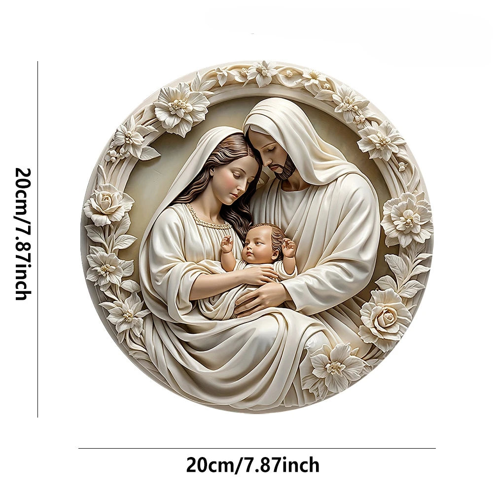 Crèche classique en bois représentant la Sainte Famille (Marie, Jésus et Joseph), décoration murale.