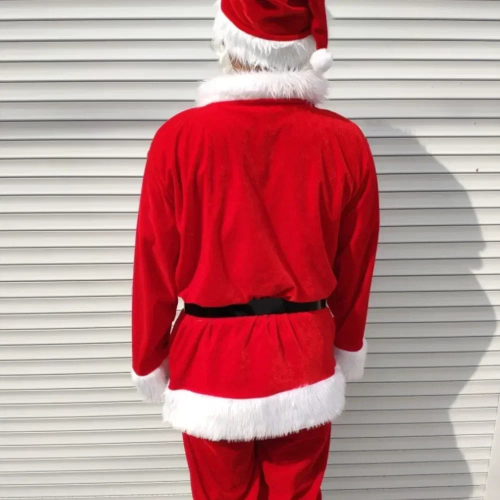 Costume de Père Noël pour homme et femme, déguisement de fête, rouge, avec manteau, pantalon, ceinture, chapeau