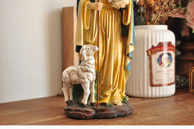 Figurine du Saint-Père Jésus, récits bibliques catholiques tenant un mouton, ornement pour la décoration de la maison ou du bureau, statue de croyance religieuse