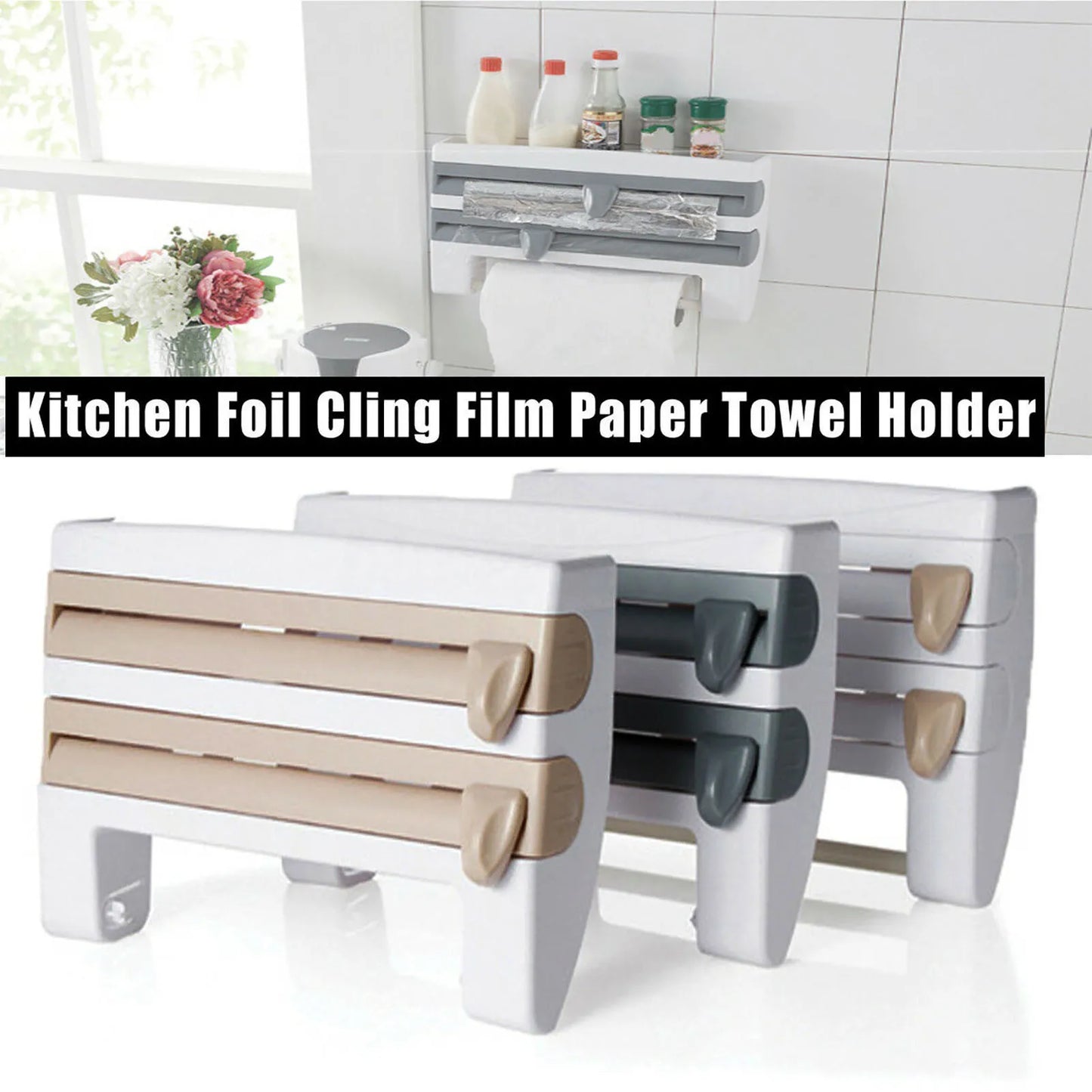 Porte-essuie-tout en film alimentaire, support de film alimentaire de cuisine, design ergonomique, lame très tranchante, ABS, montage mural pour appartement