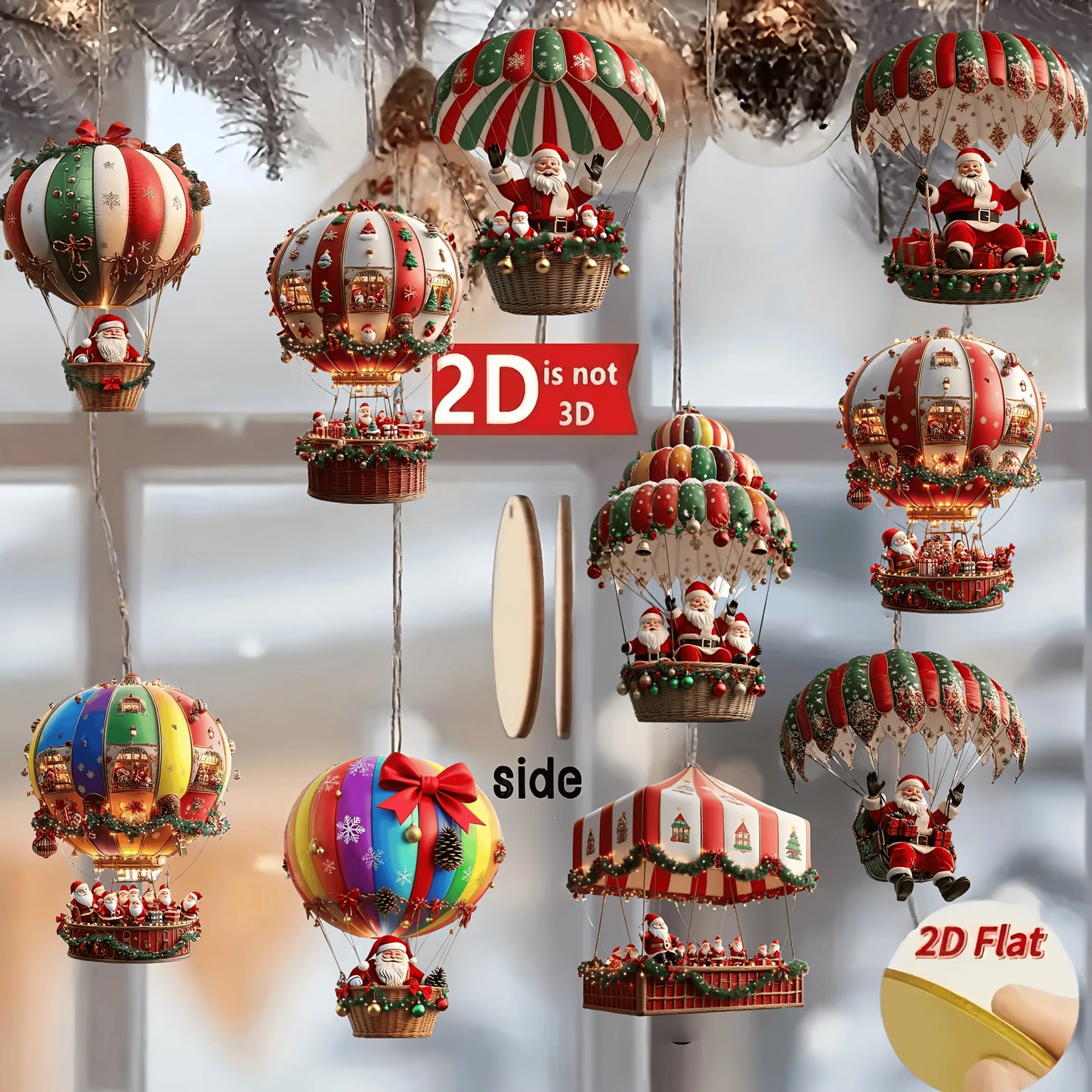 Lot de 10 montgolfières de Noël en bois 2D, pendentif plat en bois, décoration d'arbre de Noël, cadeau idéal pour les vacances