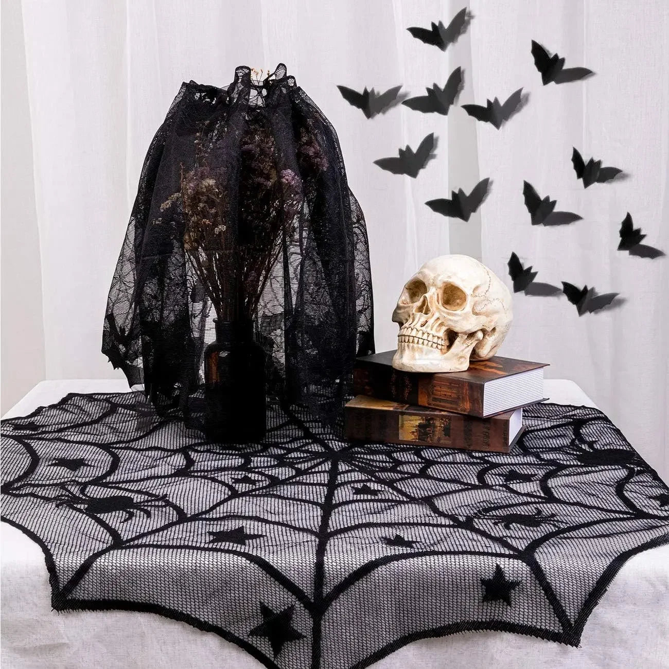Nappe d'Halloween en dentelle noire avec toile d'araignée et chauve-souris, décoration de table familiale pour fête d'Halloween