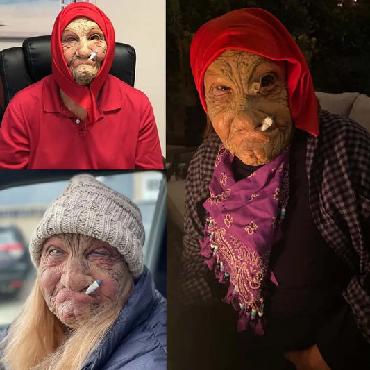 Masque en latex représentant une grand-mère fumeuse, un vieux grand-mère au visage ridé et à l'écharpe rouge, accessoire de déguisement pour Halloween