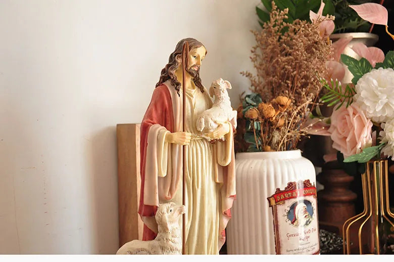 Figurine du Saint-Père Jésus, récits bibliques catholiques tenant un mouton, ornement pour la décoration de la maison ou du bureau, statue de croyance religieuse