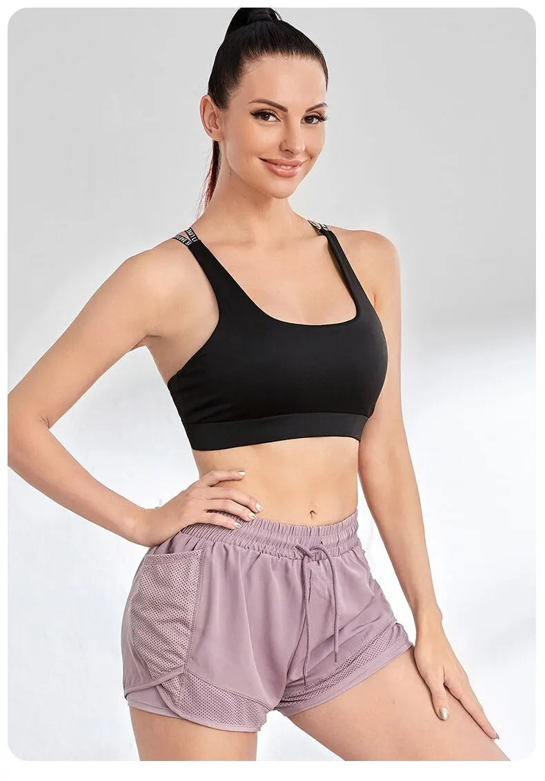 Short de sport élastique pour femme, short avec poches, faux legging de yoga deux pièces pour la course et l'entraînement
