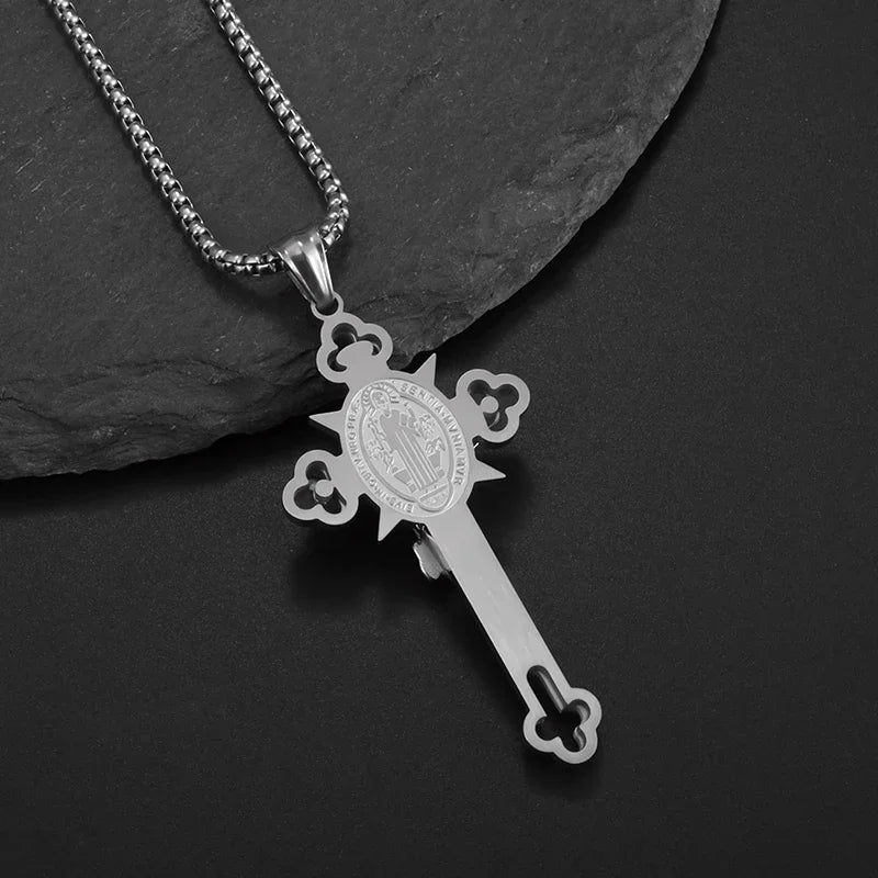 Collier pendentif croix de Saint Benoît Jésus pour hommes et femmes, amulette religieuse chrétienne catholique en acier inoxydable