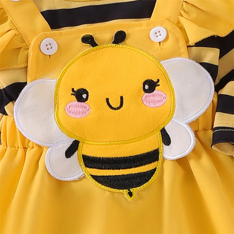 Tenue pour nouveau-né fille, barboteuse à manches longues et volantes, jupe à bretelles et abeille, vêtements mignons pour bébé fille, automne et hiver