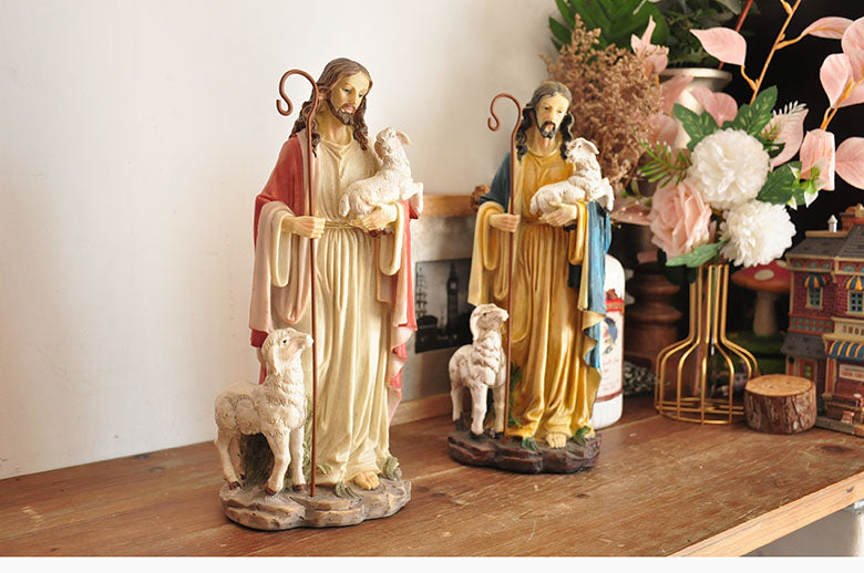 Figurine du Saint-Père Jésus, récits bibliques catholiques tenant un mouton, ornement pour la décoration de la maison ou du bureau, statue de croyance religieuse