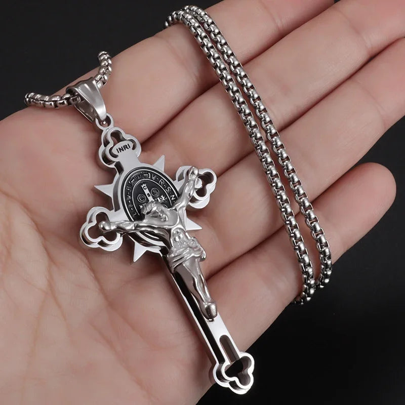 Collier pendentif croix de Saint Benoît Jésus pour hommes et femmes, amulette religieuse chrétienne catholique en acier inoxydable