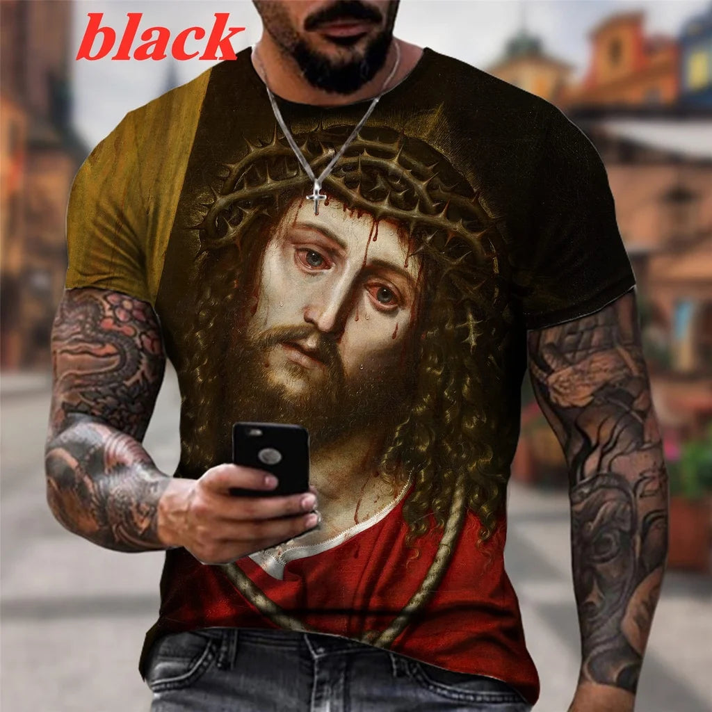 T-shirt à manches courtes pour homme, imprimé en 3D, motif croix et Jésus, nouvelle collection 2025