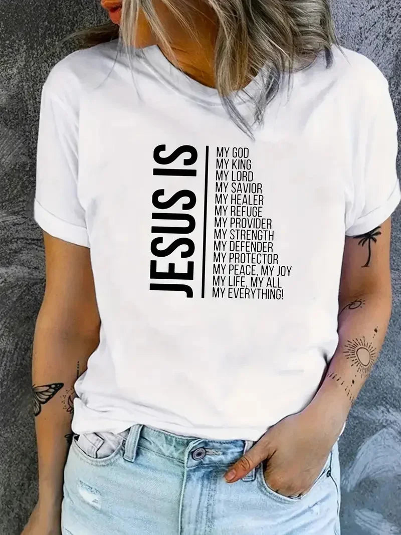 T-shirt graphique « Jésus est la foi » pour femme, vêtement à manches courtes, décontracté, estival et tendance, style streetwear