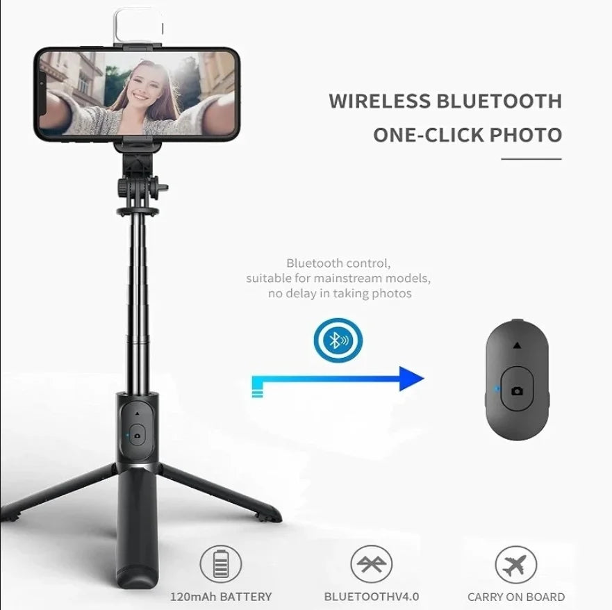 Perche Selfie Trépied Bluetooth avec Lumière LED & Télécommande Sans Fil pour iPhone et Android