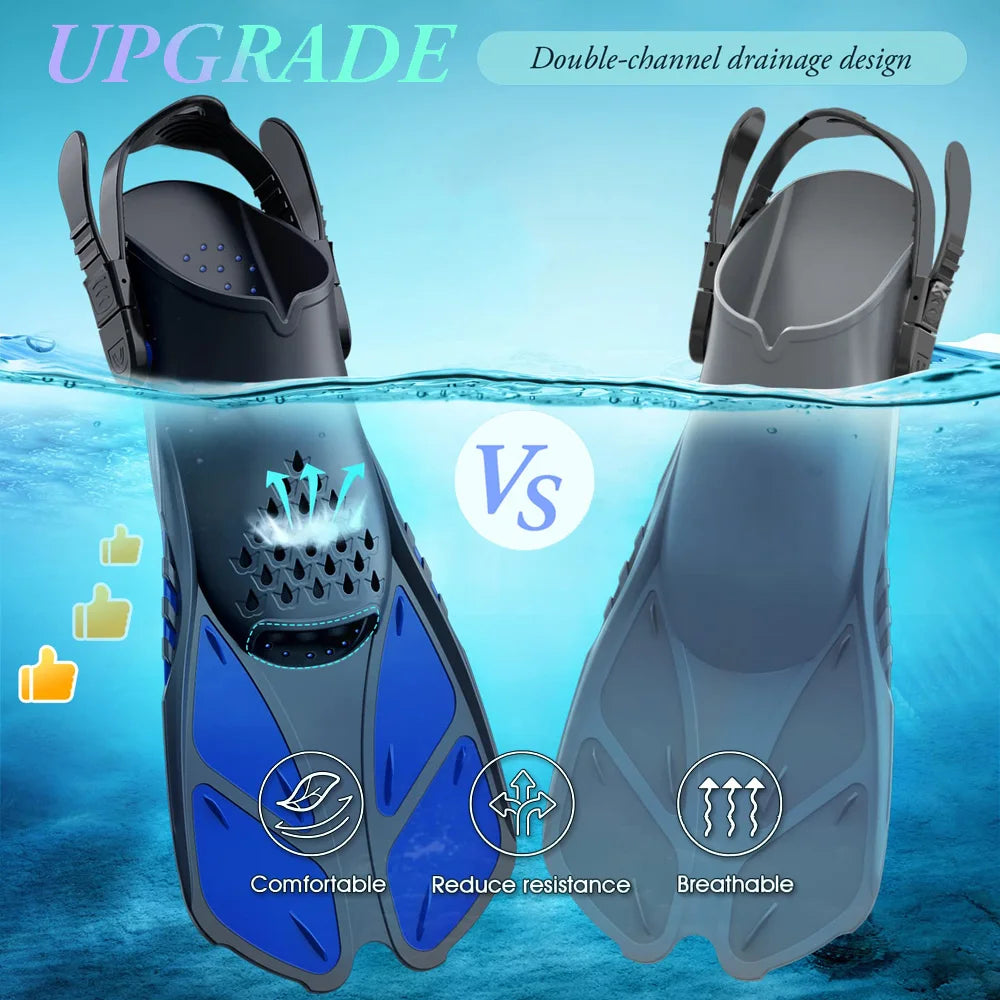 Palmes de plongée avec tuba, boucles réglables, palmes de natation, chaussures de plongée courtes en silicone, talon ouvert, taille de voyage, adulte, homme, femme