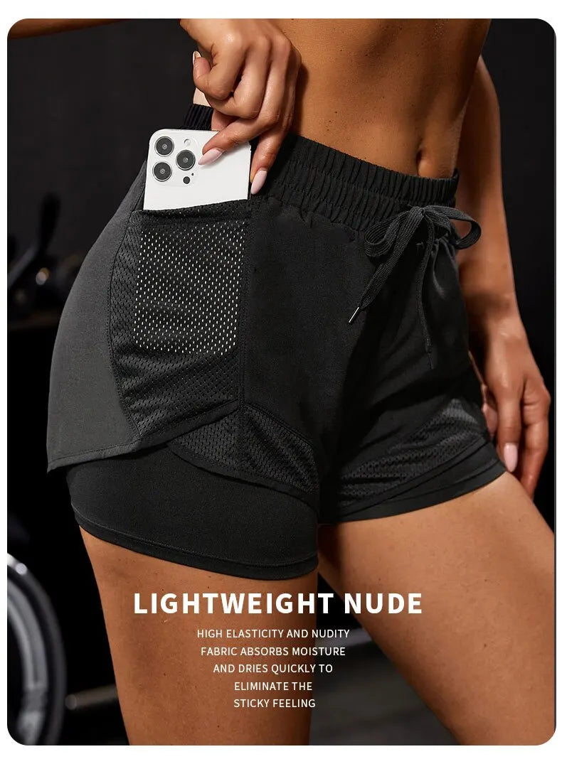 Short de sport élastique pour femme, short avec poches, faux legging de yoga deux pièces pour la course et l'entraînement