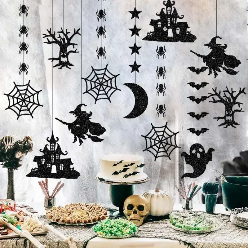 Lot de 6 guirlandes à suspendre pour Halloween, motif araignée, sorcière, fantôme, chauve-souris, décorations pour la maison