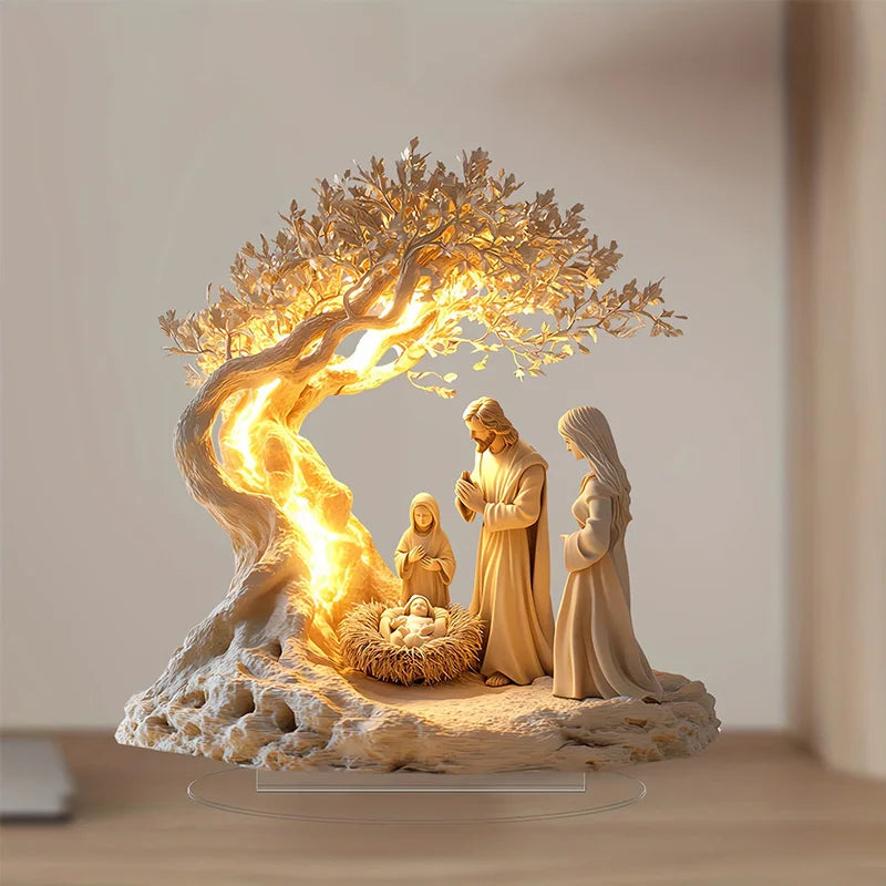 Statue de famille en acrylique représentant l'arbre de vie de Jésus, décoration de bureau, ornements pour la maison, 2025