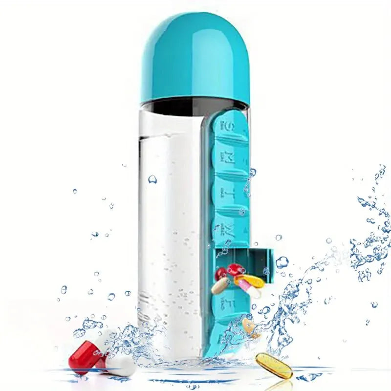 Bouteille d'eau portable avec pilulier intégré pour médicaments et vitamines, idéale pour l'extérieur, la salle de sport, le fitness, le camping et les voyages.