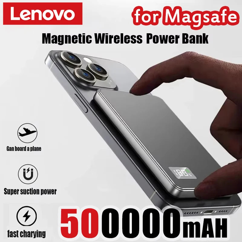 Batterie externe magnétique Lenovo 500 000 mAh, portable, sans fil, à charge rapide.