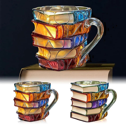 Mug créatif en résine peinte, 325 ml, motif livres 3D, tasse à café originale en résine colorée, collection de tasses à café empilables, cadeaux