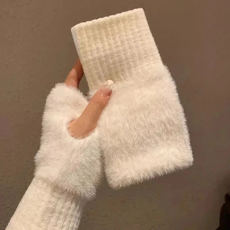 Gants demi-doigts en polaire de vison pour femmes, doux et chauds en hiver, couleur unie luxueuse, tricotés en peluche douce et sans doigts