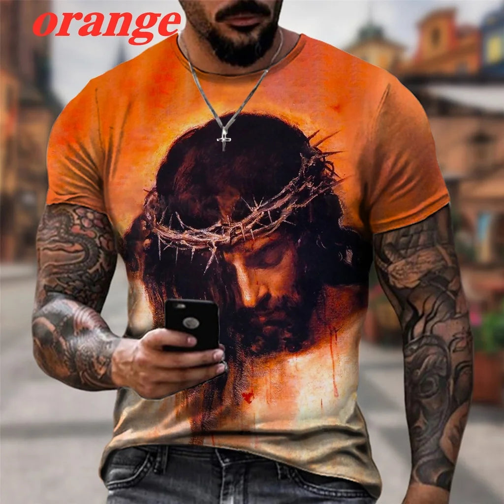 T-shirt à manches courtes pour homme, imprimé en 3D, motif croix et Jésus, nouvelle collection 2025