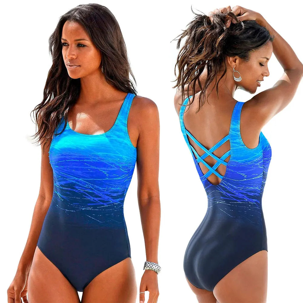 Maillot de bain une pièce dos nu sexy pour femme, imprimé dégradé, accessoires de natation, tailles S à 2XL