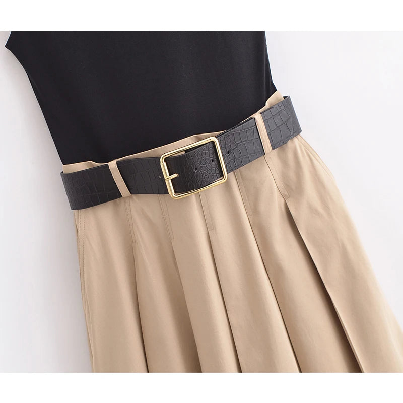 Robe midi plissée avec ceinture pour femme, robe d'été sans manches, robe de soirée tricotée pour femme, robe d'été