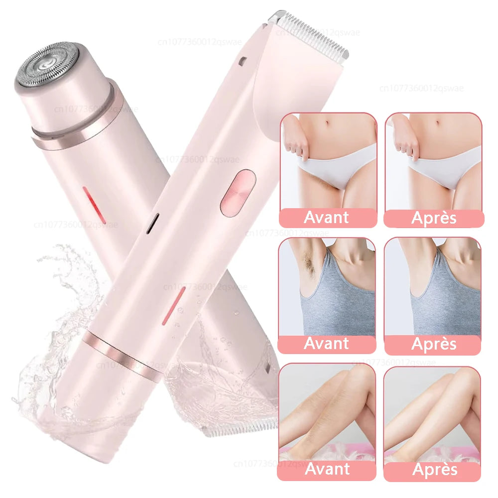 Rasoir électrique pour femme, double tête, double usage, épilateur pour le corps, les jambes, les aisselles et le maillot. Tondeuse électrique pour le rasage et l'épilation.