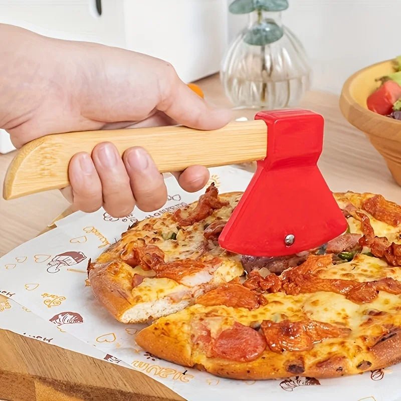 1 couteau à pizza à rouleau en acier inoxydable, manche en bois créatif, hache, couteau à pizza circulaire à manche central