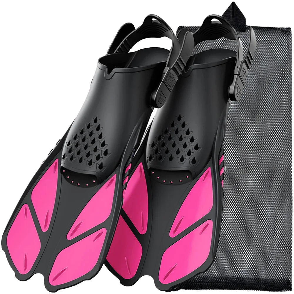 Palmes de plongée avec tuba, boucles réglables, palmes de natation, chaussures de plongée courtes en silicone, talon ouvert, taille de voyage, adulte, homme, femme