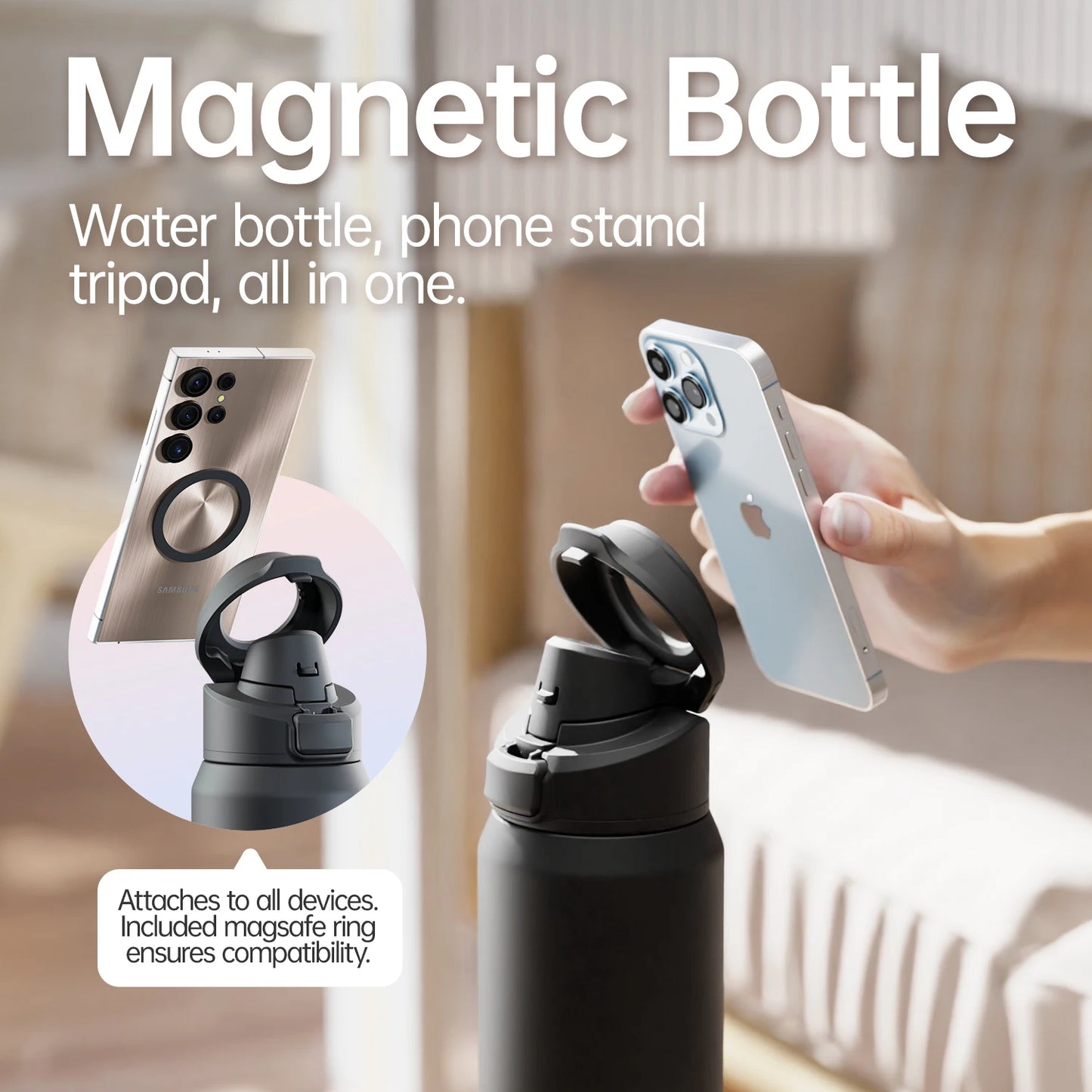 gourde isotherme magnétique en acier inoxydable avec support téléphone