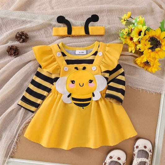 Tenue pour nouveau-né fille, barboteuse à manches longues et volantes, jupe à bretelles et abeille, vêtements mignons pour bébé fille, automne et hiver
